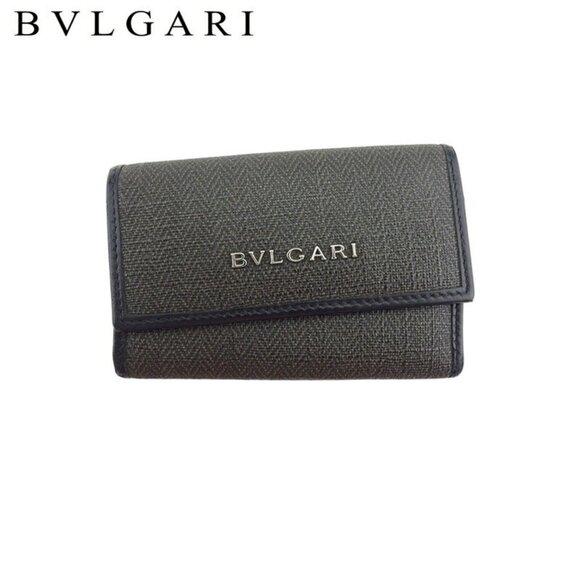 BVLGARI Key Case Herringbone Gray Coated Canvas x Leather Authentic Used